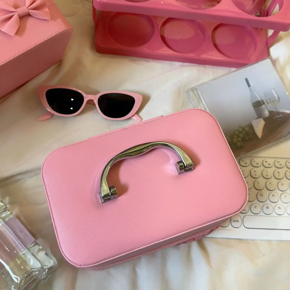 Pink Bow PU Leather Makeup Bag Portable Alloy Handle Skincare Product Storage Box Large Capacity Waterproof Handheld Makeup Case