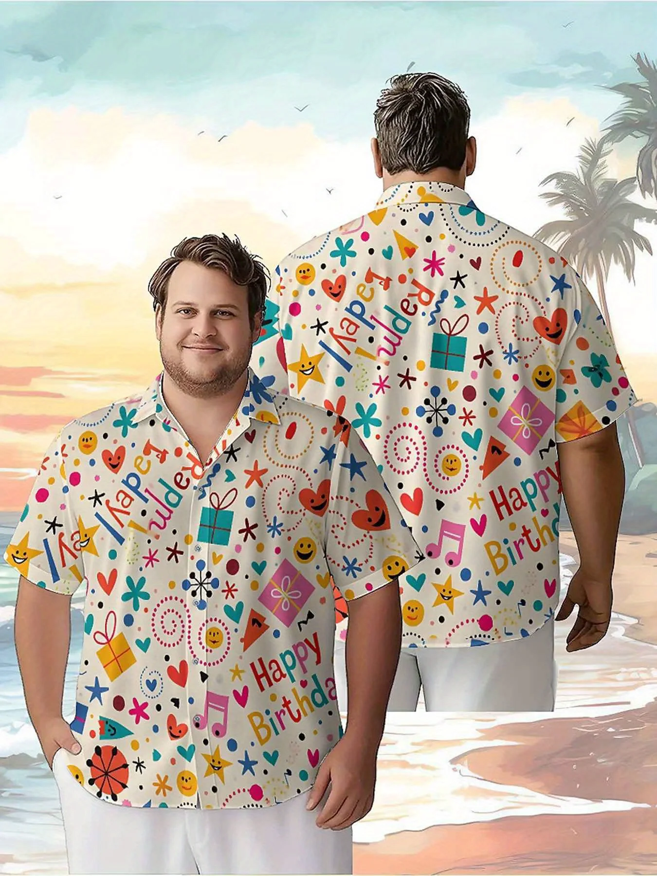 

Men's Plus Size Hawaiian Shirts Colorful Birthday Elements pattern, Summer Casual Tops, Suitable Outdoor and Party, Streetwear