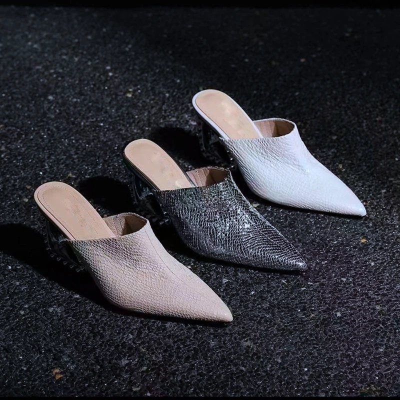 

Women's new summer snake pattern genuine leather cowhide highheeled wedge heel with toe cover,M ü ller shoes,star style slippers
