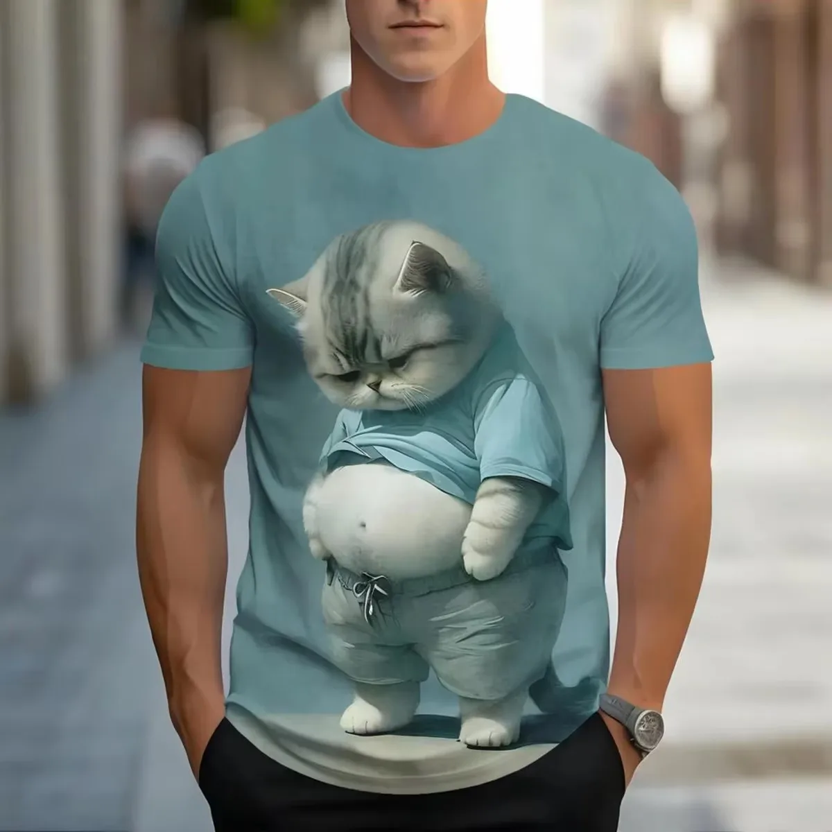 Men Surprised Kitten T Shirt Cute 3D Cat Face Graphic Short Sleeve Fun Casual Tee