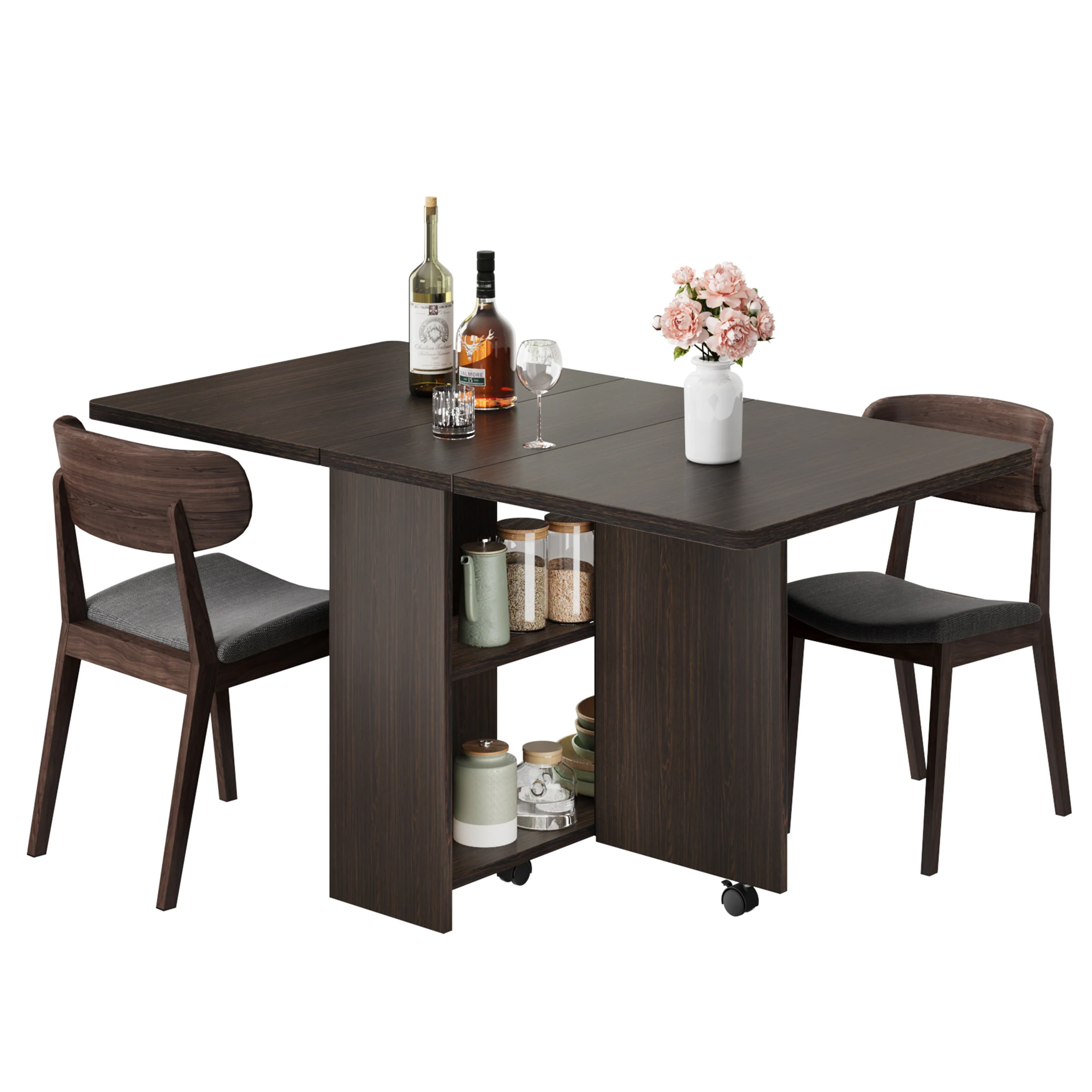 Folding Table Space-Saving Folding Drop Leaf Dining Table with 2-Tier Storage & 6 Lockable Wheels – Extendable Kitchen Table for Small Apartments (Dark Walnut, 47.2