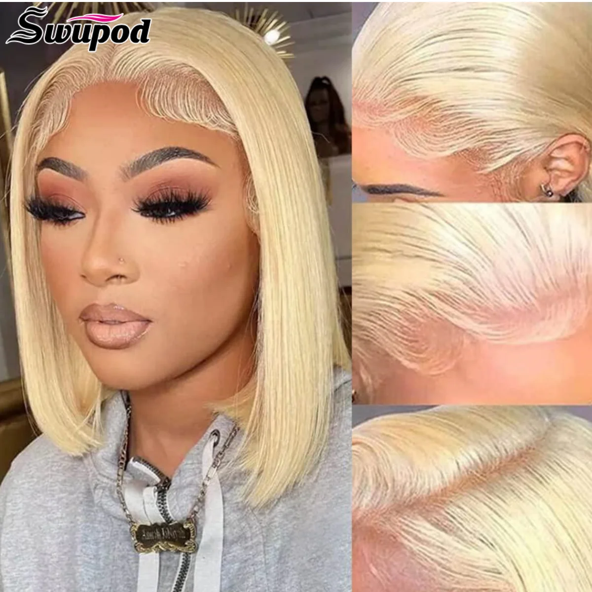 

Swupod Straight Remy Human Hair 13x4 HD Lace Front Short Bob Wig for Women 613 Honey Blonde Frontal Glueless Pre Plucked