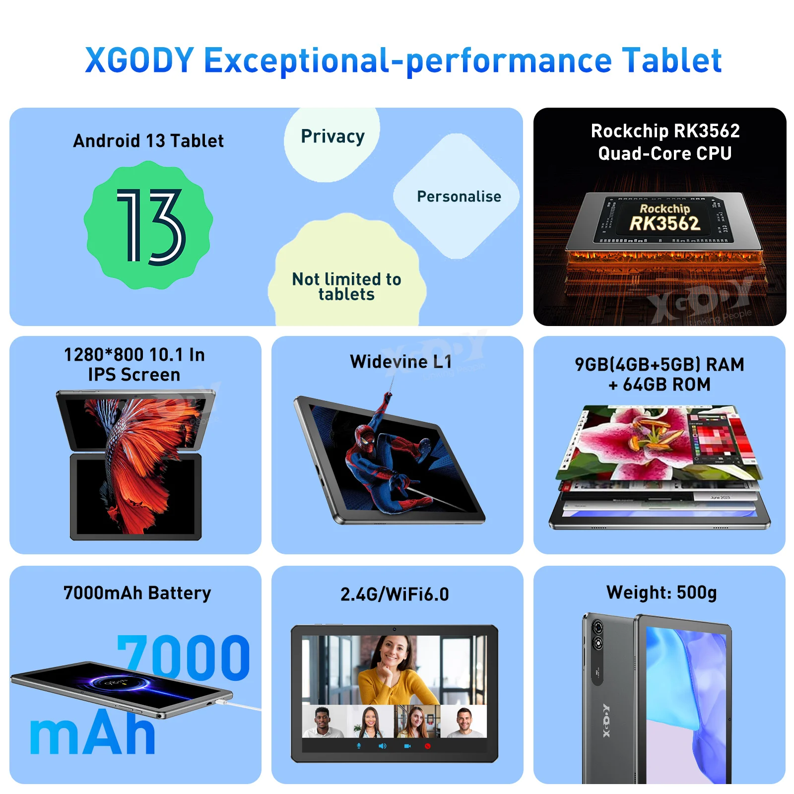 XGODY WiFi Tablet Android Pc 10.1 Inch Kids Learning Education Tablets Children\'s Gift 4GB RAM 64GB ROM Quad-core 7000mAh
