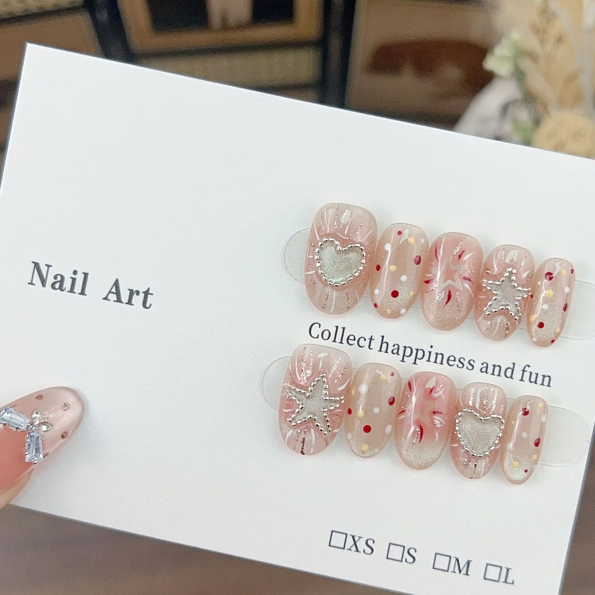 

10pcs Handmade Press on Nails Cute Star Fake Nail Heart Cat-Eye Short Ladder Nail Art for Women&Girl Detachable Wearable Nail