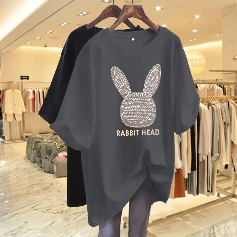 Pure Cotton Round Neck Dark Green Pullover T-shirt for Women Summer Letter Rabbit Head Pattern Printed Half Sleeve Midi Tops