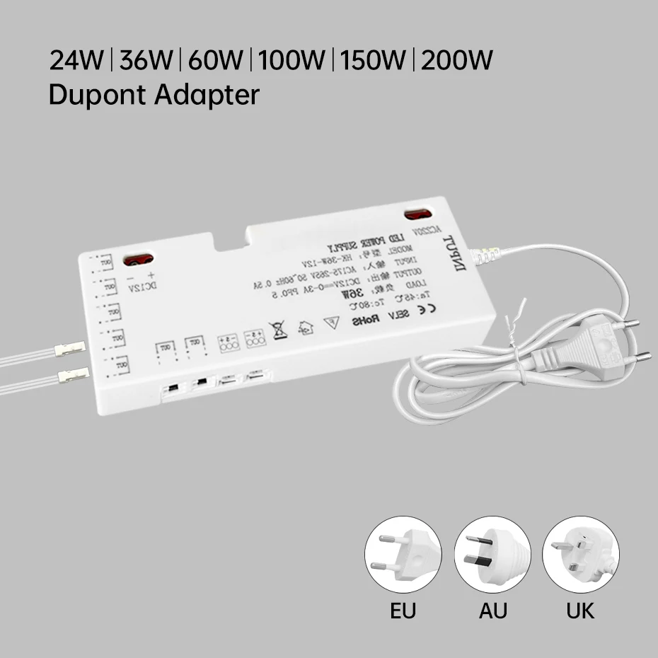 AC220V To DC12V 24V 24W-200W Power Adapter EU/AU/UK Plug Dupont Port Led Strip Light Power Supply Led Lighting Drive Transformer