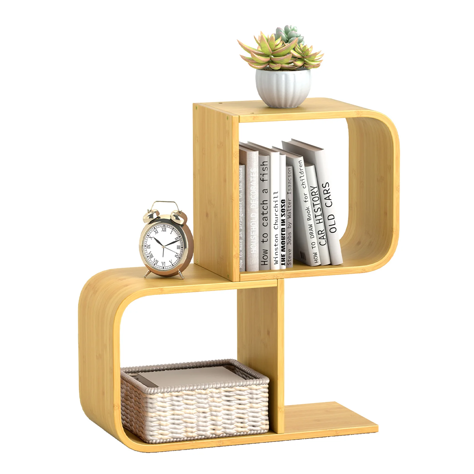 Librería en forma de S, estante de pie de bambú con 2 niveles, estante de oficina, estante decorativo