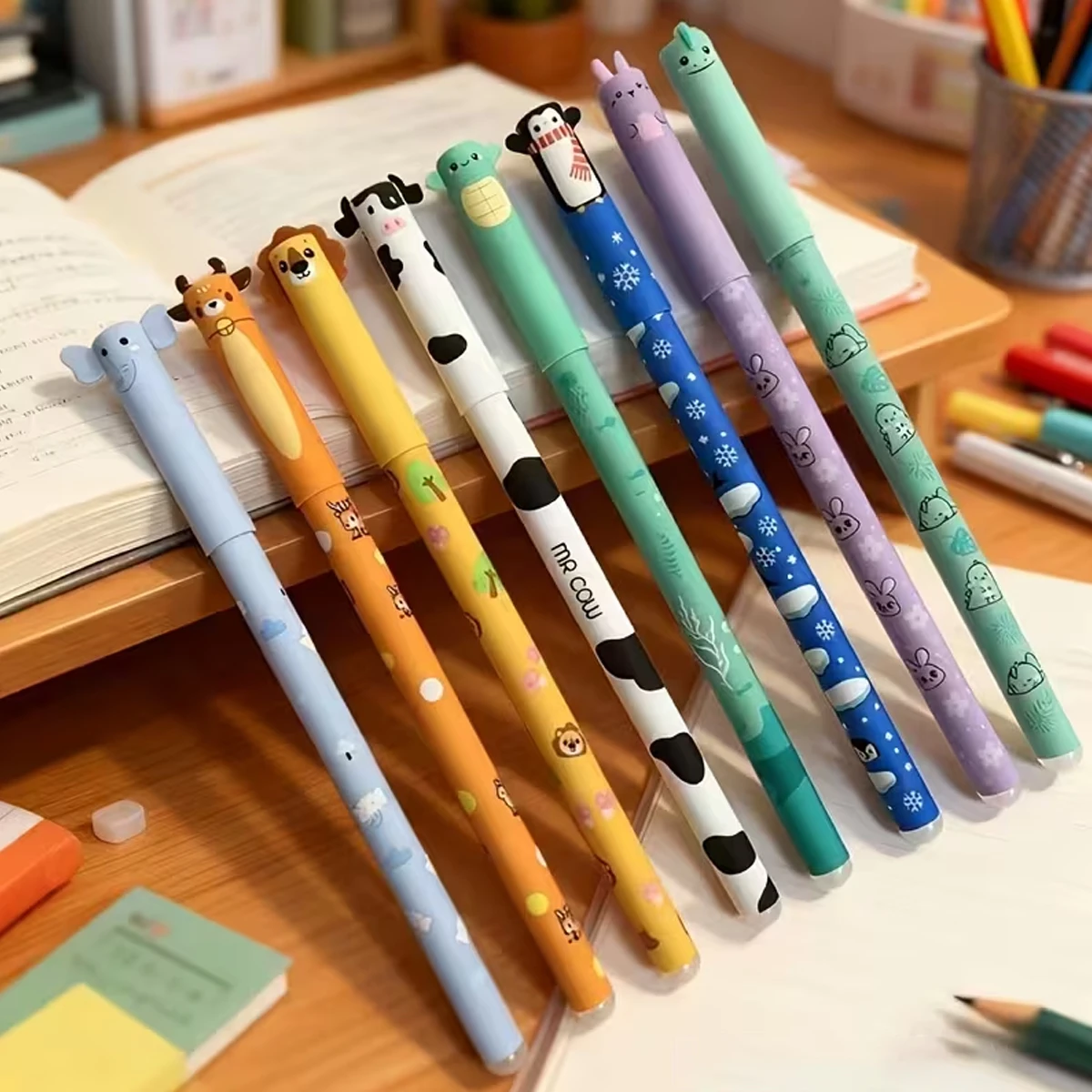 

Набор из 8 цветных стираемых гелевых ручек с мультяшными рисунками, 0,5 мм, для заметок и маркировки, школьные и офисные подарки, маркеры для учебы или работы