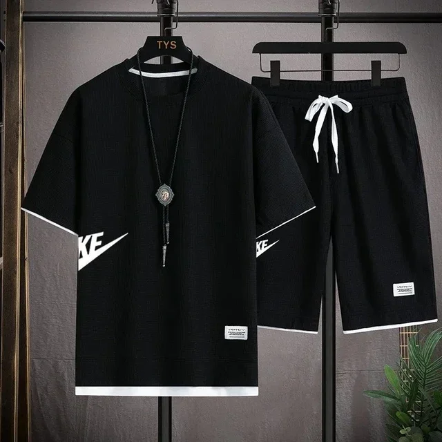 2025 Sports fashion casual men's suit summer Korean men's short-sleeved T-shirt + five-point shorts two-piece set