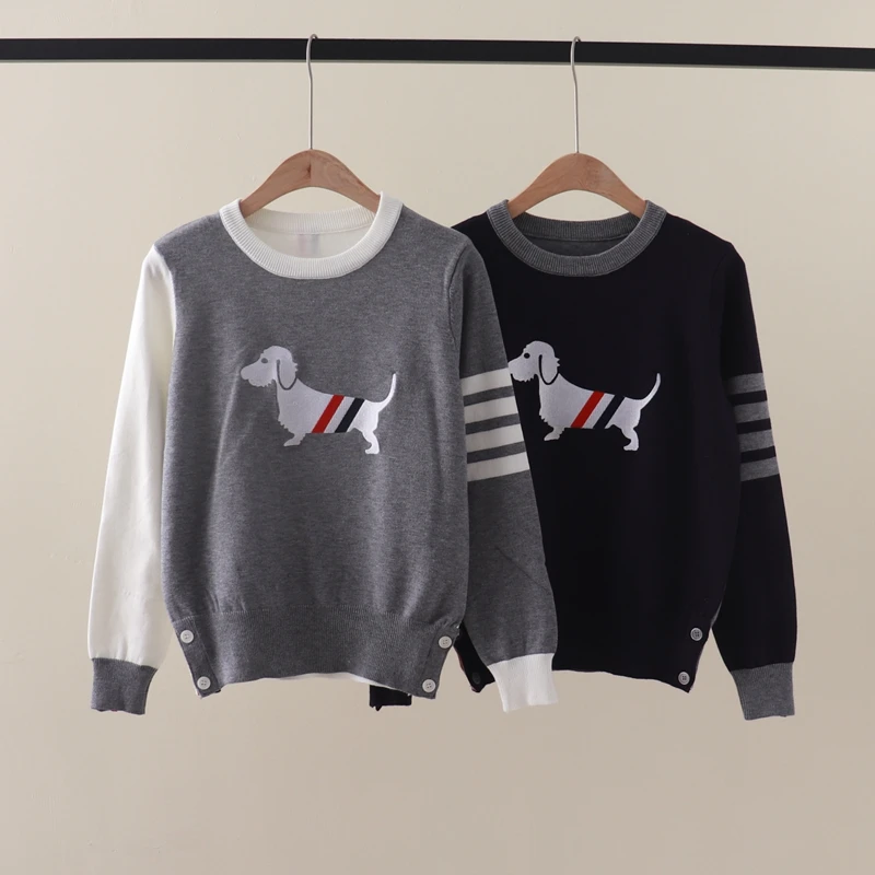 

Autumn and Winter New TB Academy Style Color Blocked Dog Embroidery Back Digital Round Neck Pullover Long Sleeve Knitted Shirt