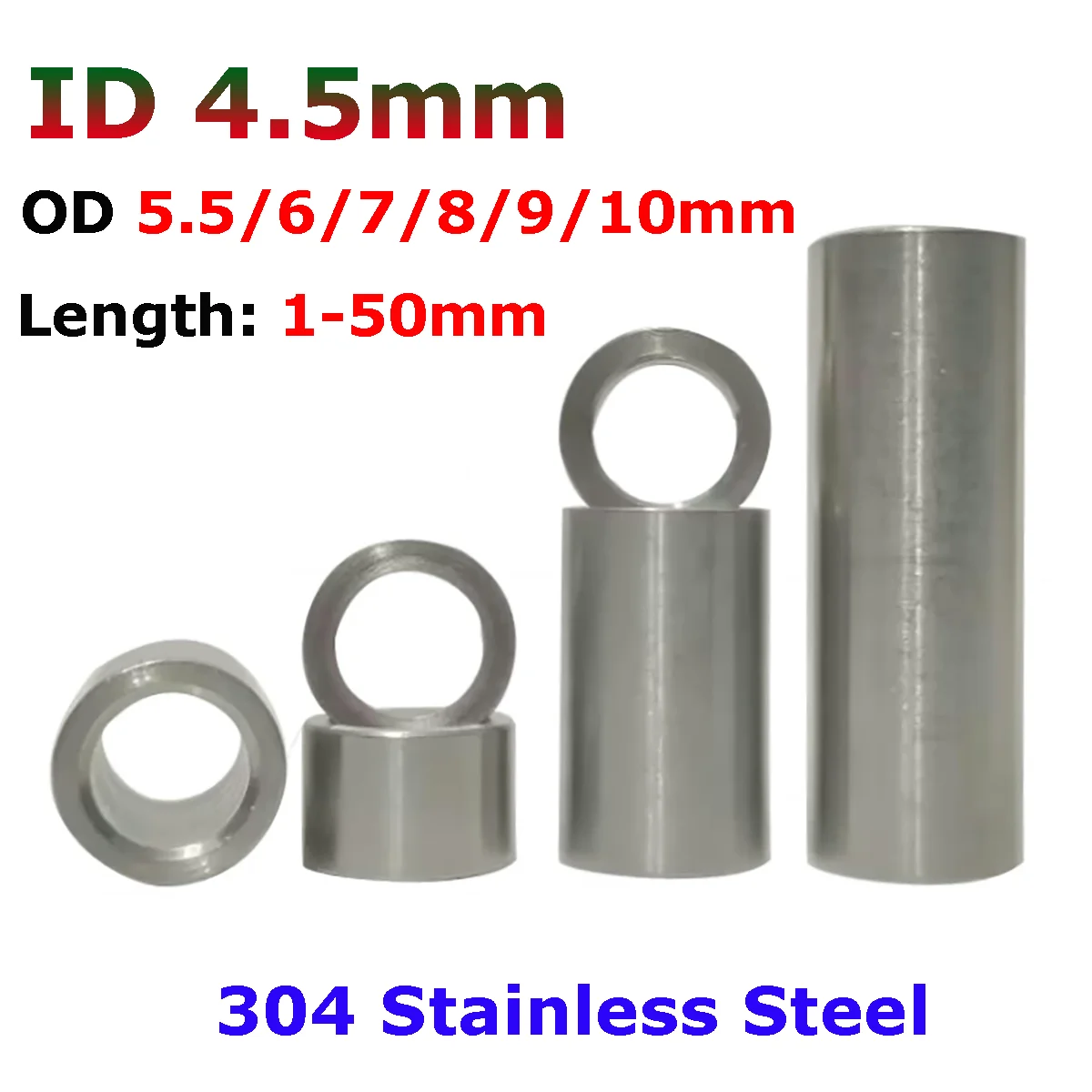 Inner Dia 4.5mm 304 Stainless Steel Bushing Washer Round Hollow no thread Standoff Spacer Sleeve OD 5.5/6/7/8/9/10mm L=1-50mm