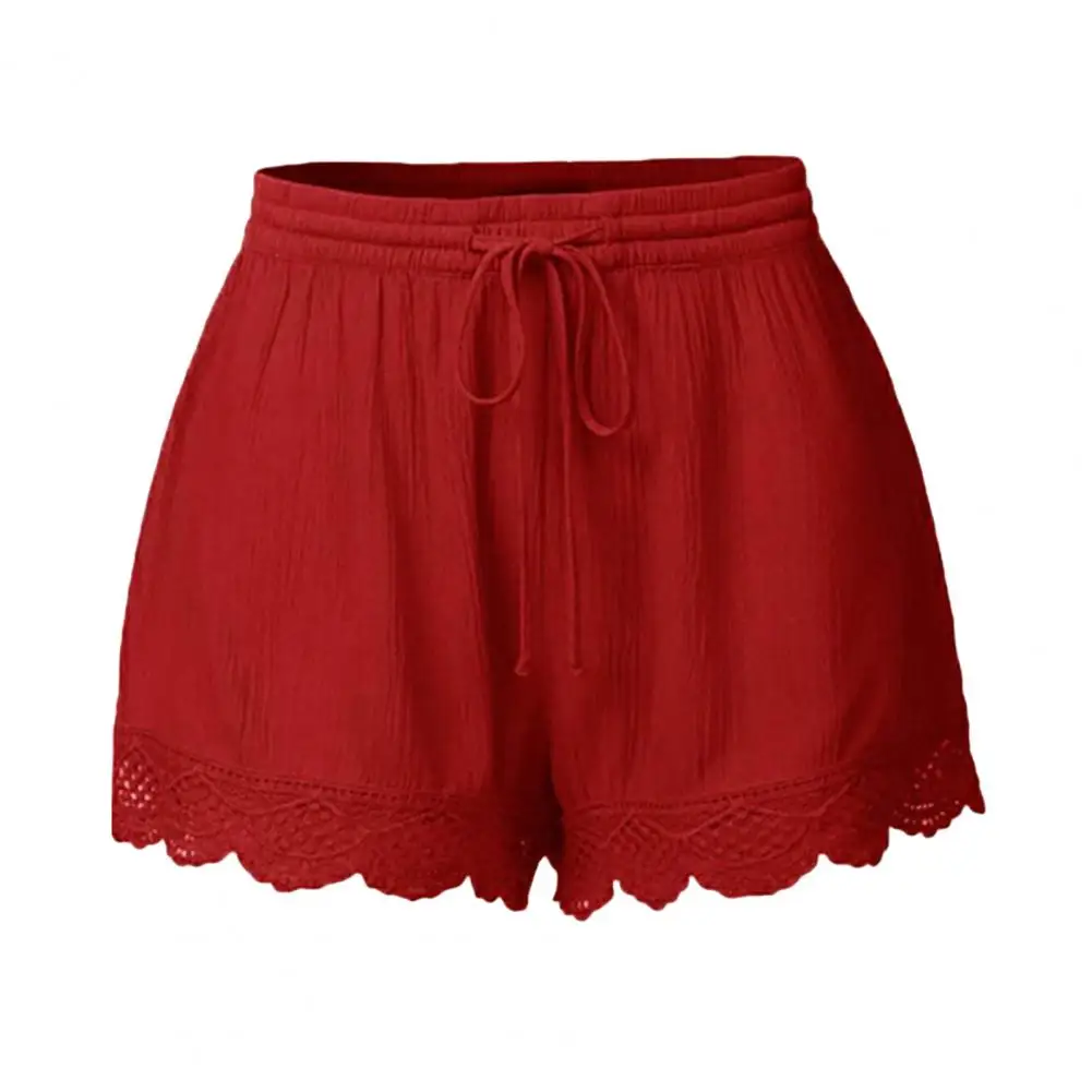 Women Summer Shorts Elastic Drawstring Waist Solid Color Lace Trim Shorts Loose Fit Elastic Tight Yoga  Lace Detail Leggings