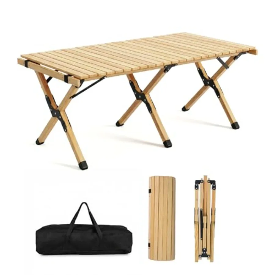 

Folding Picnic Table for Indoor Outdoor Party, BBQ Hiking, Pine Wood, Natural, Portable 4ft Roll Up Design with Storage Bag, Lo