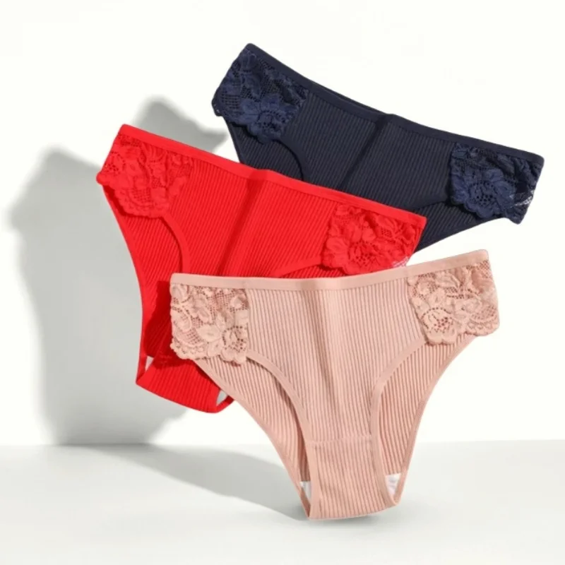 1PC Cotton Panties Women Low Rise Briefs Breathable Lace Trims Underwear Solid Color Panty Female Underpants Sexy Lingerie