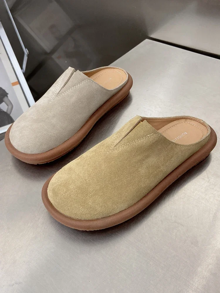 

Women's Leather Slip-On Slippers Summer Outdoor Flat Casual Versatile Half Slippers Low Heel Rubber Sole Cow Suede Frosted Su...