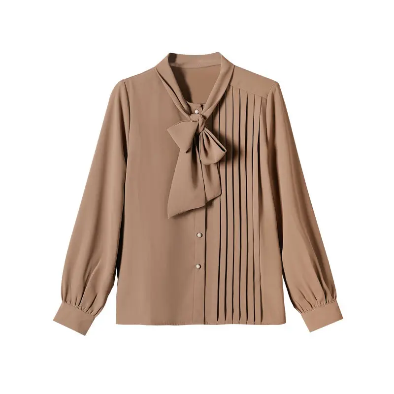 Spring Autumn New Pleated Bow Lacing Shirt Tops Long Sleeve Solid Color Loose Office Blouse Temperament Fashion Women Clothing