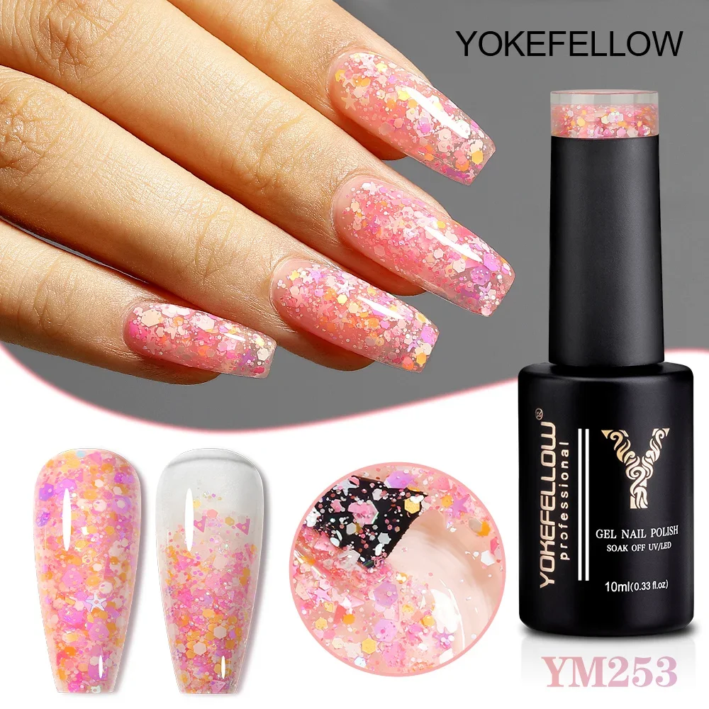 

2024 10ML YOKEFELLOW Glitter Sequins Gel Nail Polish Sparkly Shiny Pink Nail Gel Polish Soak Off UV Nail Gel Nail Art Manicure