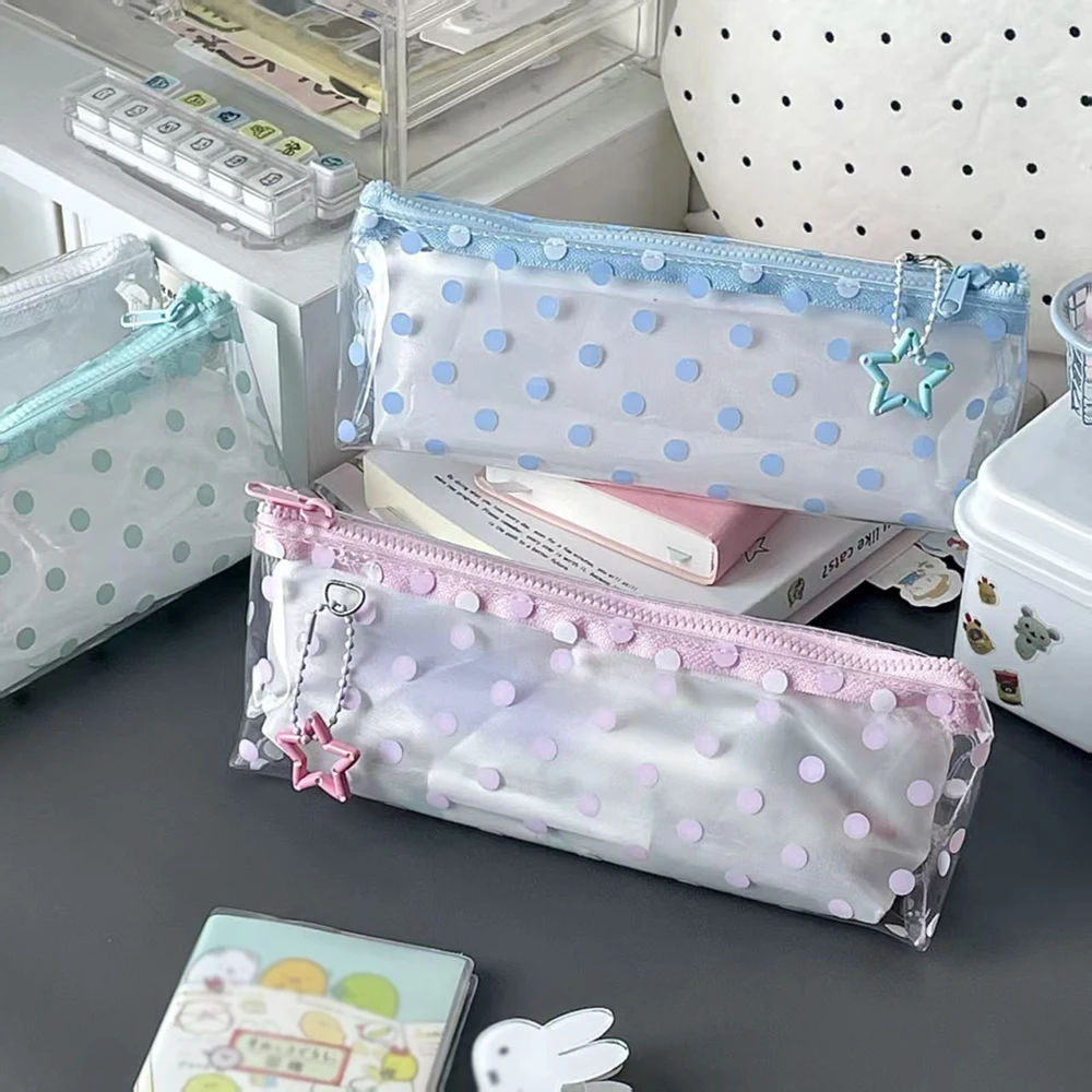 Wave Point Transparent PVC Mesh Pen Bag with High Beauty and Small Freshness,Student Stationery Box,Makeup Storage Bag