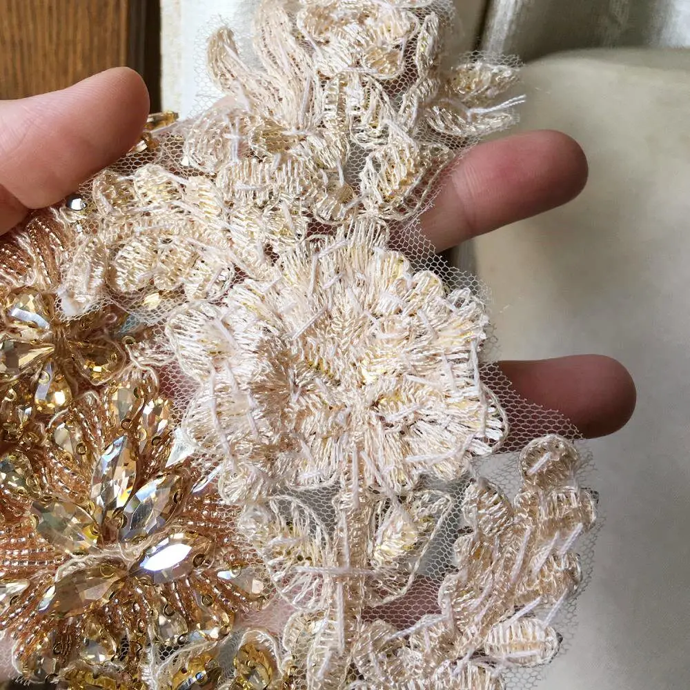 Champagne Glass Rhinestones Beaded Symmetrical Flowers for DIY Performance Costumes Dresses Skirts Coats Sleeves Decoration