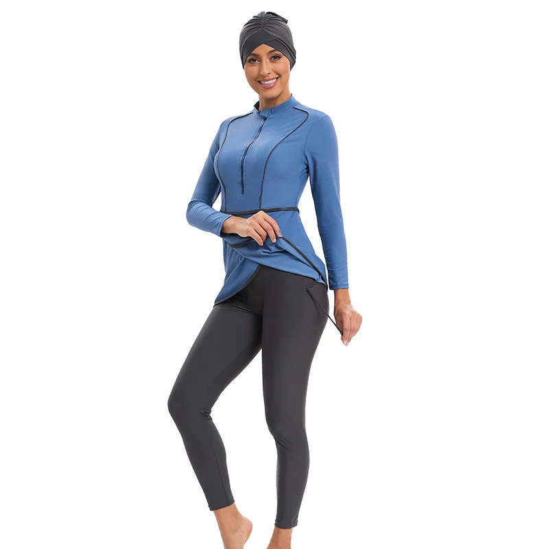 TaoBo 3PCS Women Blue Black Muslim Swim Suit All Cover Modest Patchwork Hijab Long Sleeves Sport Swimwear Burkini Islamic Design