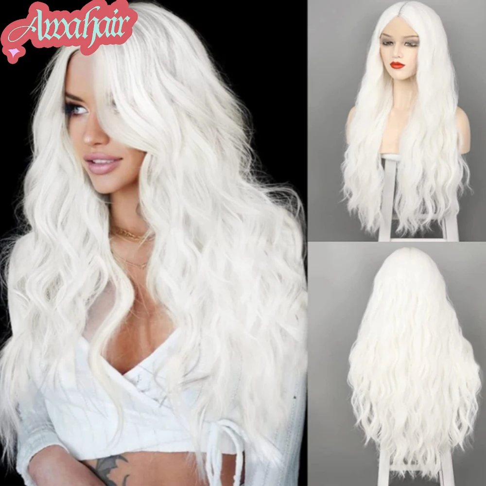 

Awahair Long White Curly Wigs Synthetic Water Wavy Lace Natural Wig for Women Daily Use Halloween Cosplay Heat Resistant