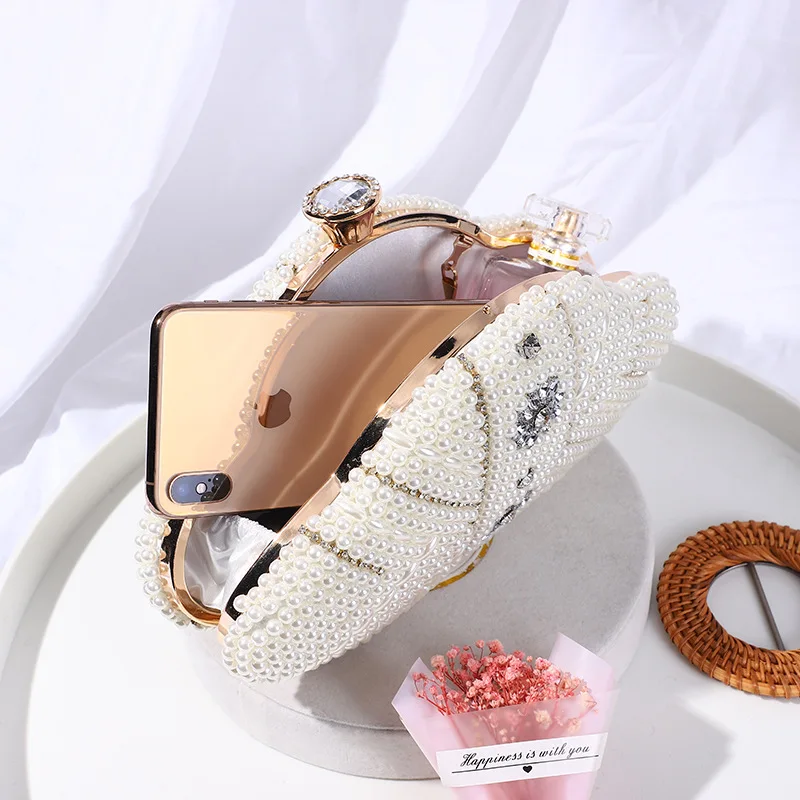 new Style Double-sided Handmade Bead Embroidery Fan-shaped Pearl Rice Beads With Rhinestones Handbag Ladies Formal Dinner Bag