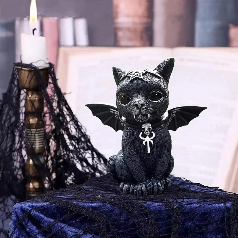 Black Cat Statue Mysterious Cute Cat Witch Cat Figurine Witches Decor Desk Ornament Hand-Painted Sculpture for Halloween