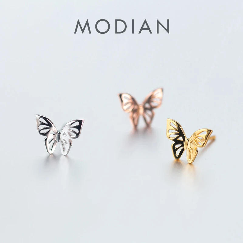 Modian urok motyl srebro i różowe złoto kolor Hollow stadniny kolczyki moda 925 Sterling Silver biżuteria dla kobiet rocznica