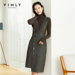 Vimly Winter Dresses For Women Fashion Solid High Wasit Sleeveless Buttons Strap Dress Elegant Female Knee-Length Vestidos F3871