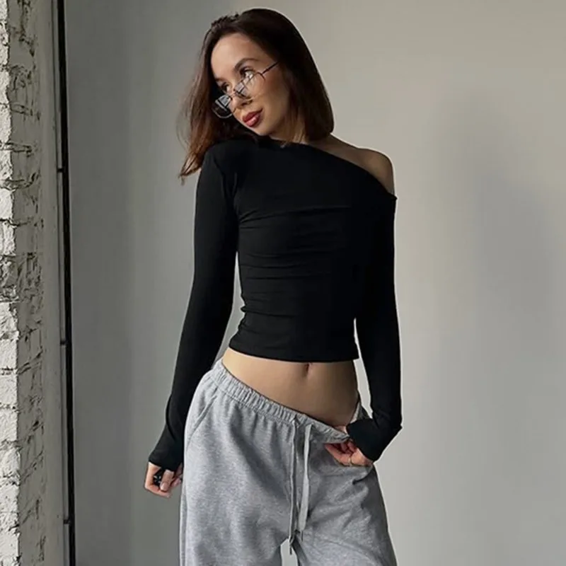 

Talenza Black Off-Shoulder Tops Fashion Solid Slim Long-Sleeve Patchwork Pullover Spring Autumn Commuter Streetwear Women's Tops