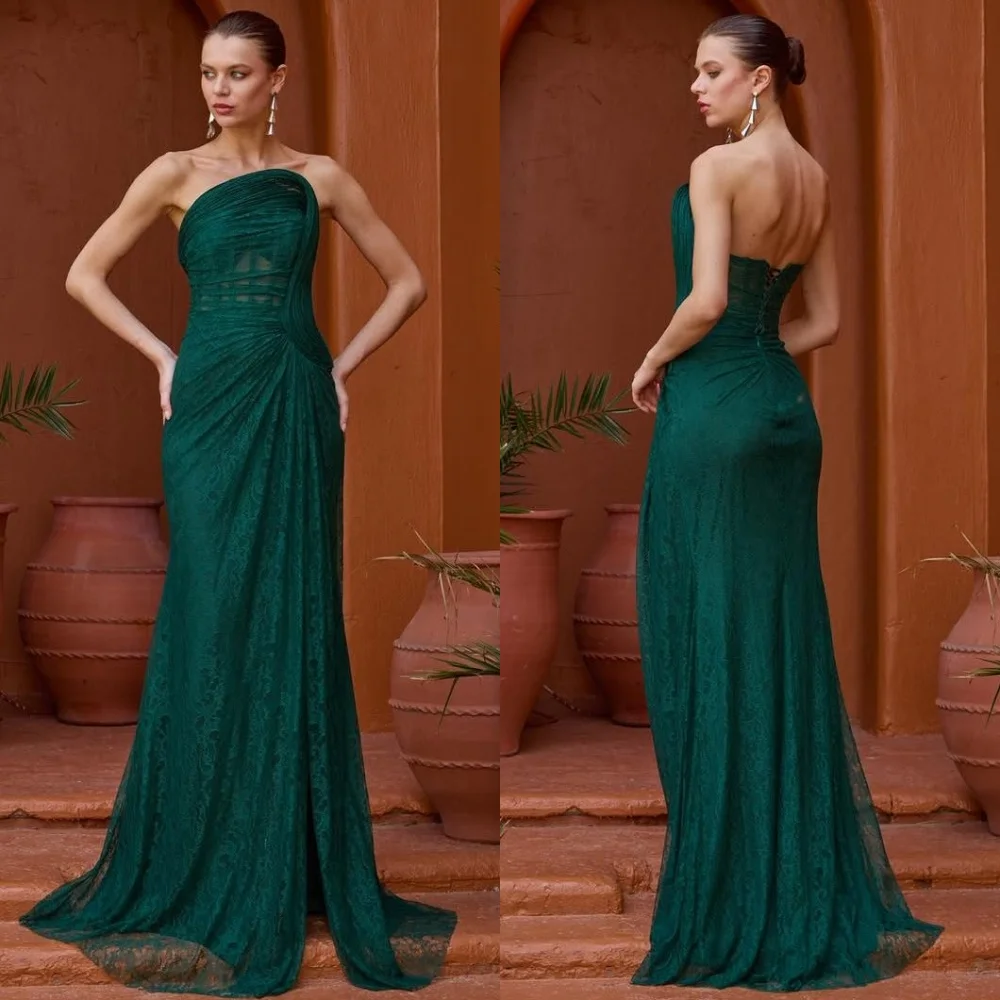 

Customized Modern Style Fashion Lace Ruched Straight Strapless Long Dresses Bespoke Occasion Dresses Sizes Available Classic