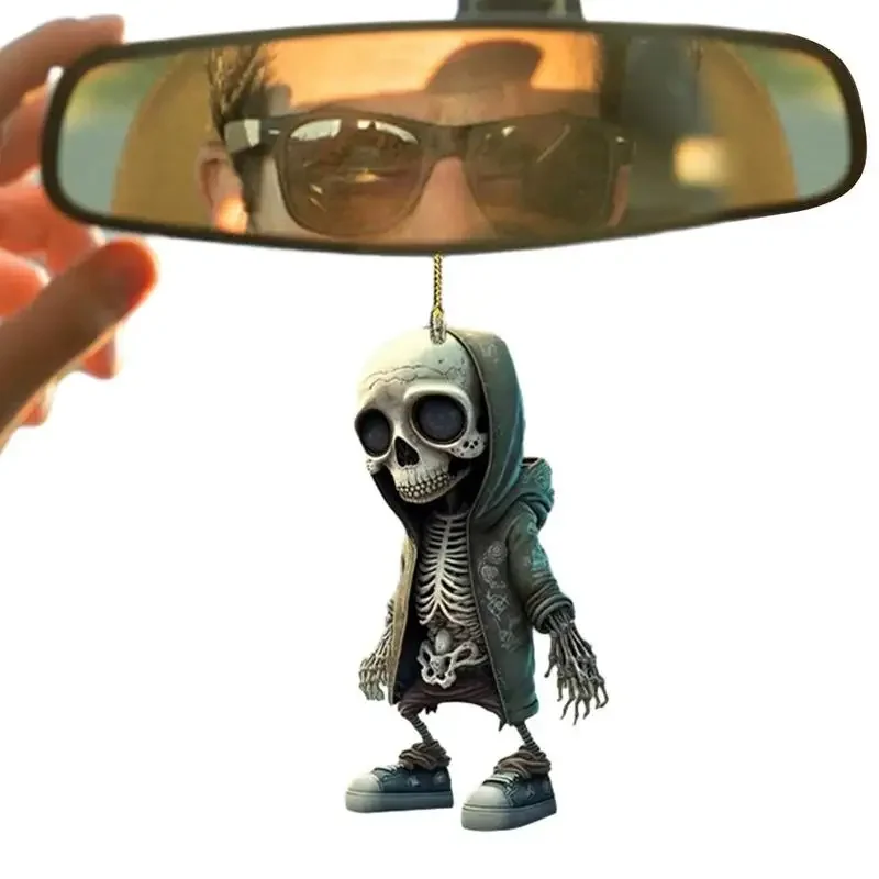 Car Mirror Skeleton Dangle Accessories Spooky Skeleton Statue Swing Pendant Rearview Decor Halloween Car Interior Decorations