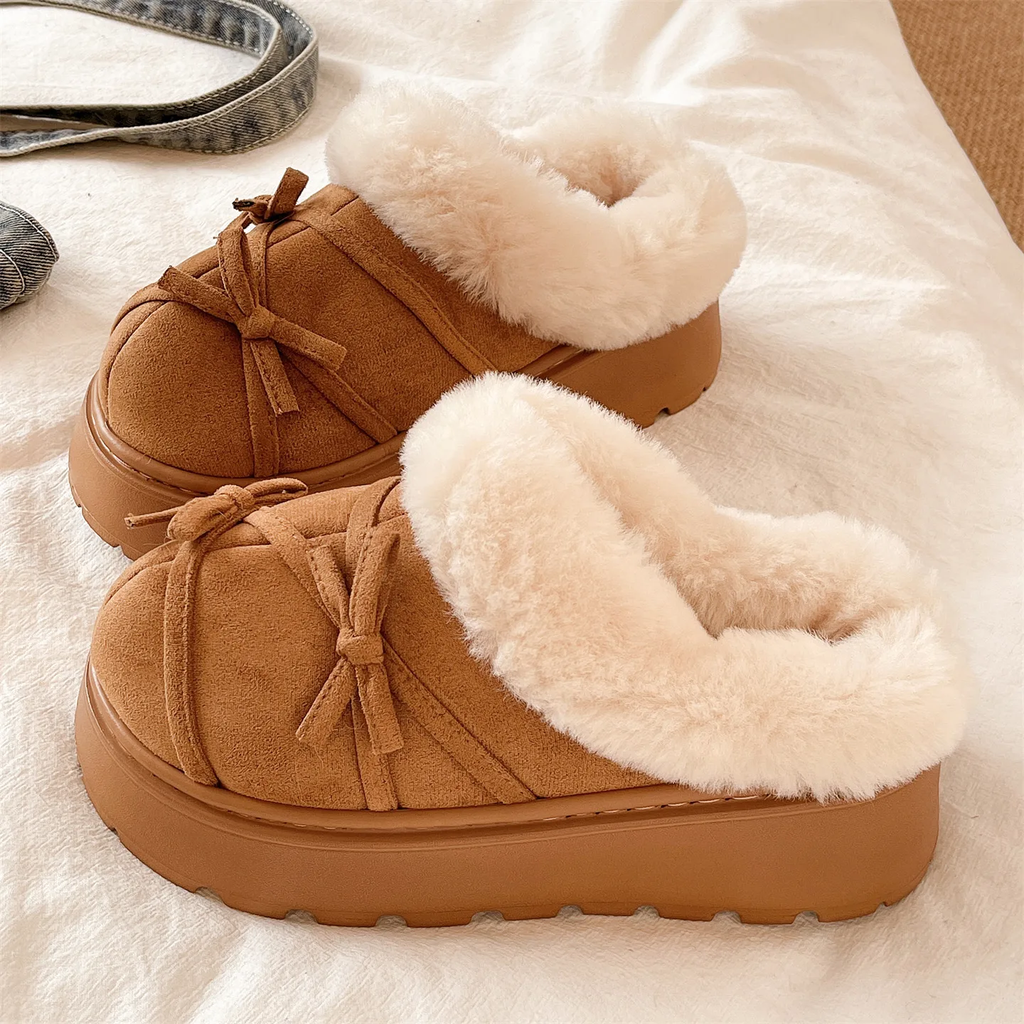 

Тапочки Thi Bot Plu, женские зимние уличные милые тапочки с бантом на подкладке, теплые домашние тапочки из хлопка с покрытием головой...