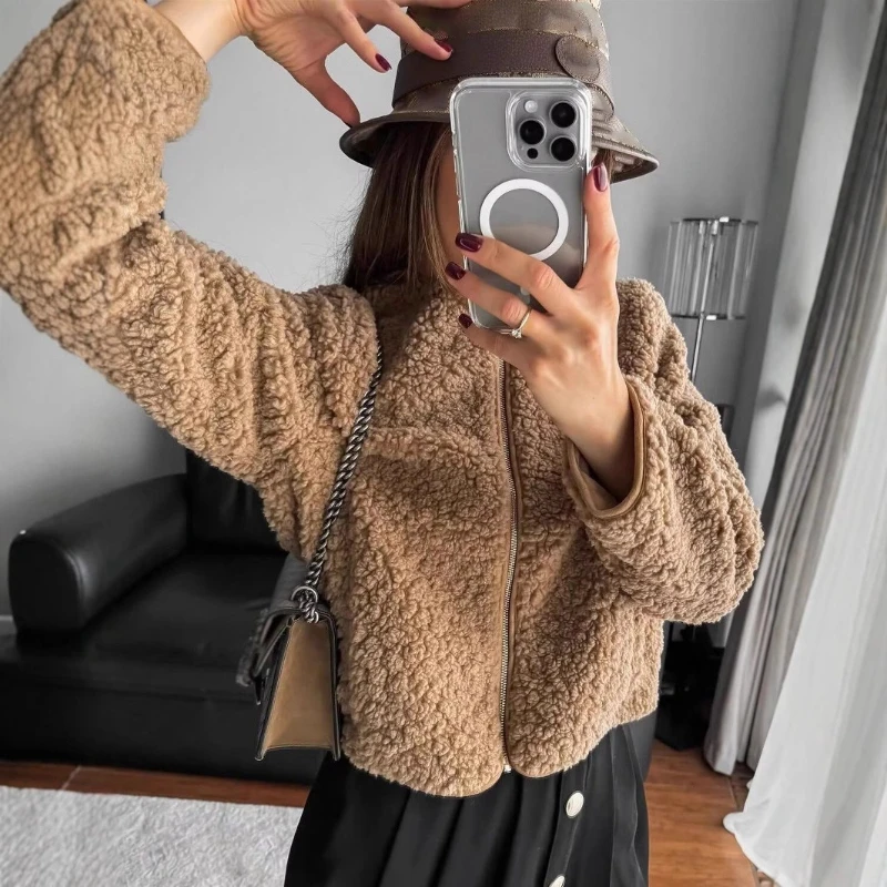 Winter Brown Faux Fur Coats Solid Zipper Stylish O-neck Furry Jacket Fluffy Zip-up Offce Lady Luxury Faux Lamb Plush Coat Casual