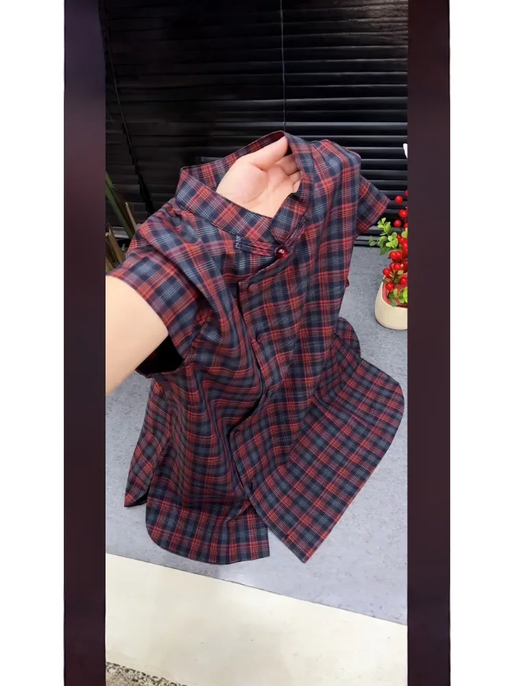 

Retro Chinese Plaid Stand Collar Button up Shirt Women Summer plus Size Elegant Versatile Slimming High End Feeling Top