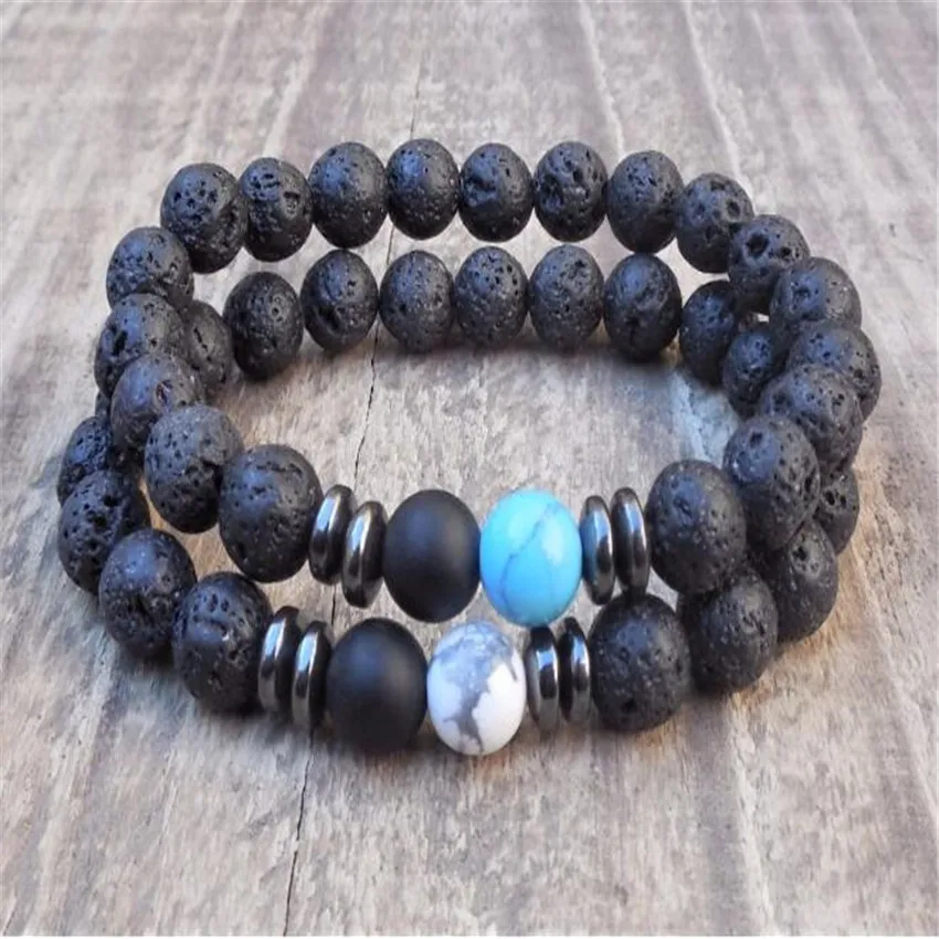 

2pcs 8mm Lava Stone Howlite Mala Bracelet 7.5 inches Chain Stackable Classic Charm Prayer