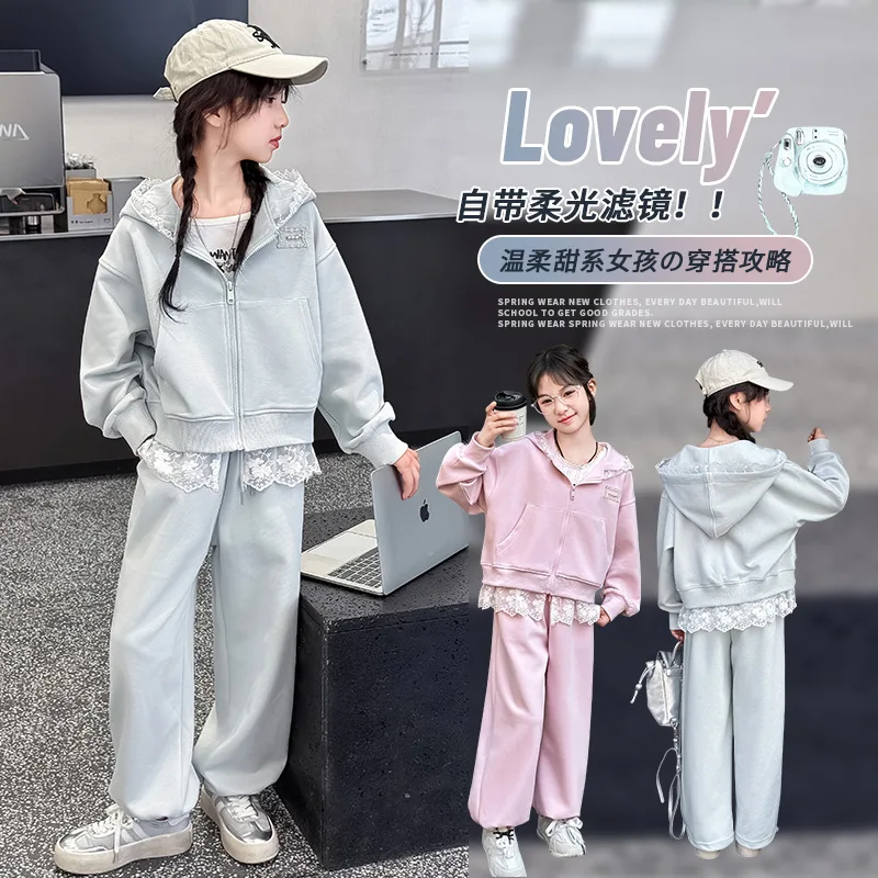 

Teenager Girl Sports autumn spring Kids Clothes zipper Hooded Jacket+Casual pants Tracksuit 2pcs set Children Sports suit 4-14Y