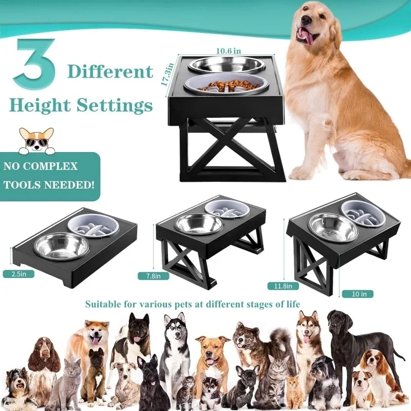 

Elevated Dog Bowls Stand Adjustable Height Pet Bowls with Slow Feeder and Stainless Water Bowl Suitable for Small To Large Dogs