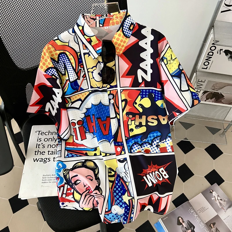 

Japanese Cartoon Anime Print Short Sleeve Shirt Unisex Summer Fun Lazy Style Student Couple Model Polyester Fiber Collar