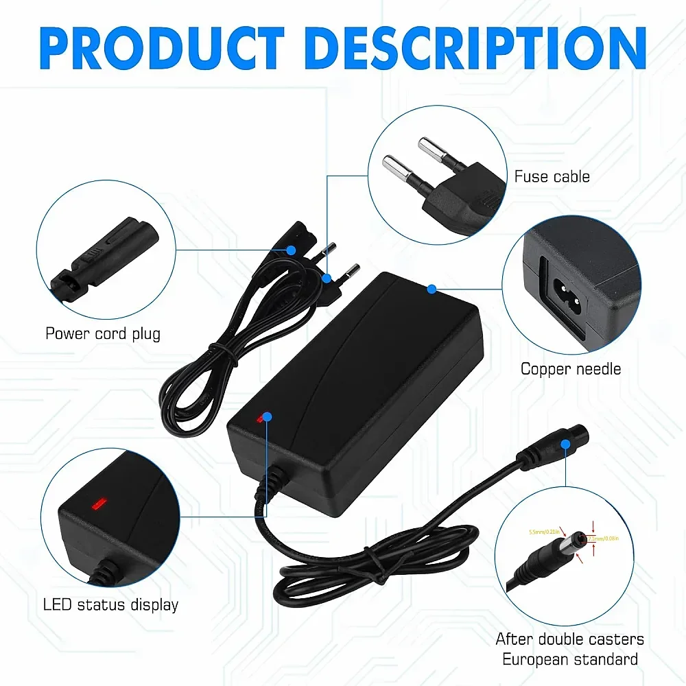 48V Lithium Battery Charger for 13S Li-ion Battery Pack - 100-240V, 54.6V 2A, EU & US, DC 5.5mm x 2.1mm