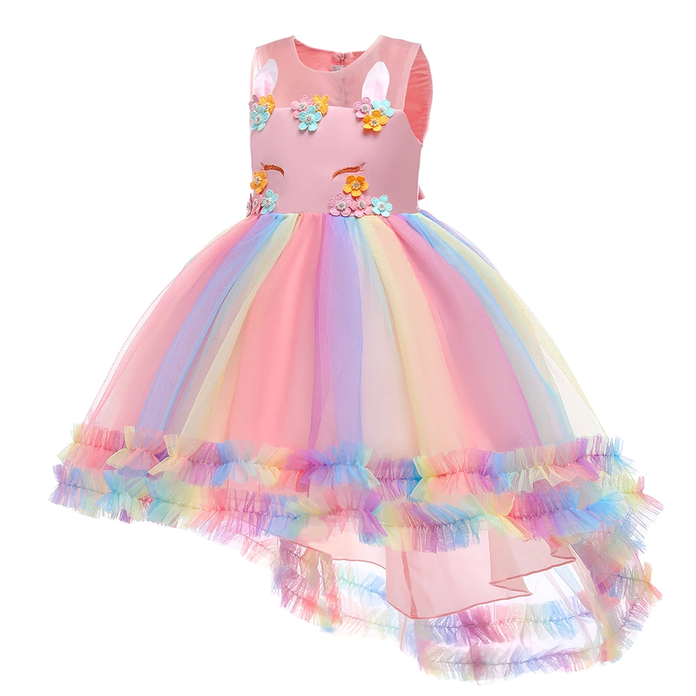 Vestido de princesa de unicornio arcoíris para niña, vestido de fiesta de cumpleaños de flores rosas Pastel, disfraz de Cosplay de Halloween de tul