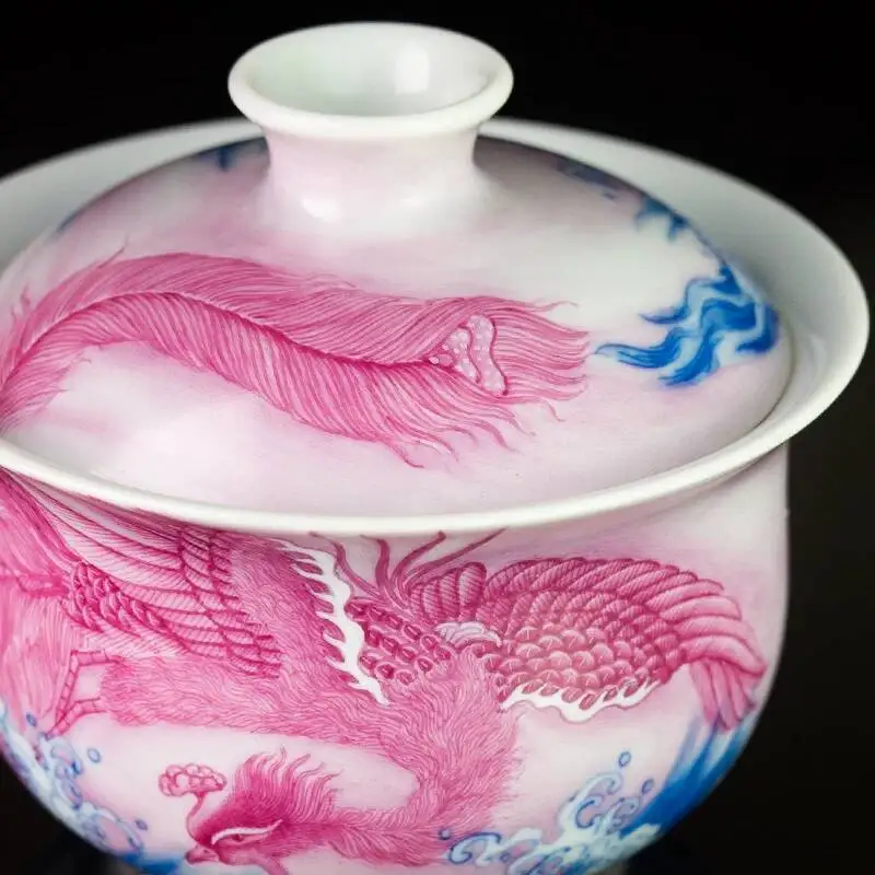 Holy Mountain Jingdezhen Hand-Painted Blue And White Pastel Gemstones Phoenix Seaside Handmade Ceramic Set Tea Covered Bowl