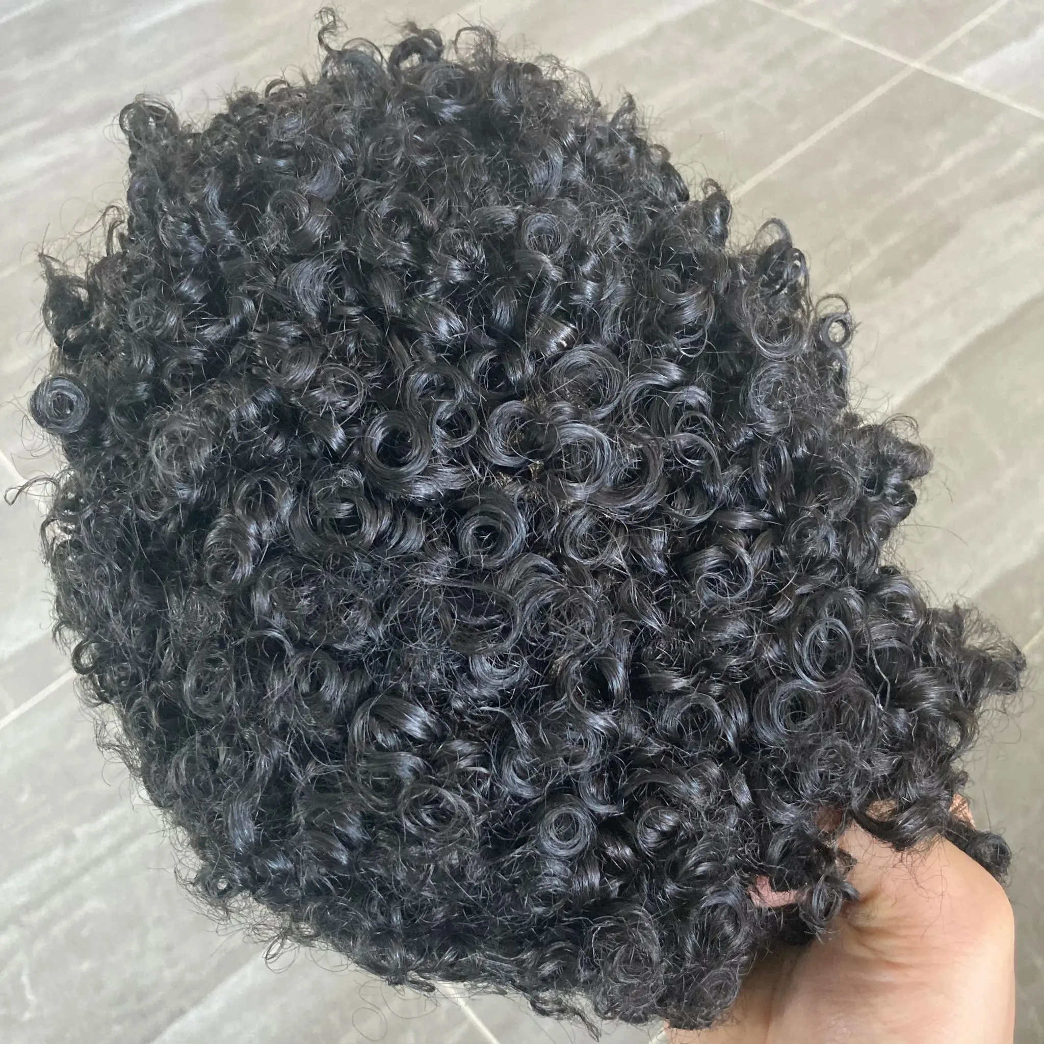 Garis rambut alami 15MM wig pria keriting Afro mesin rambut manusia 100% membuat kulit tipis sistem injeksi prostesis kapiler pria PU