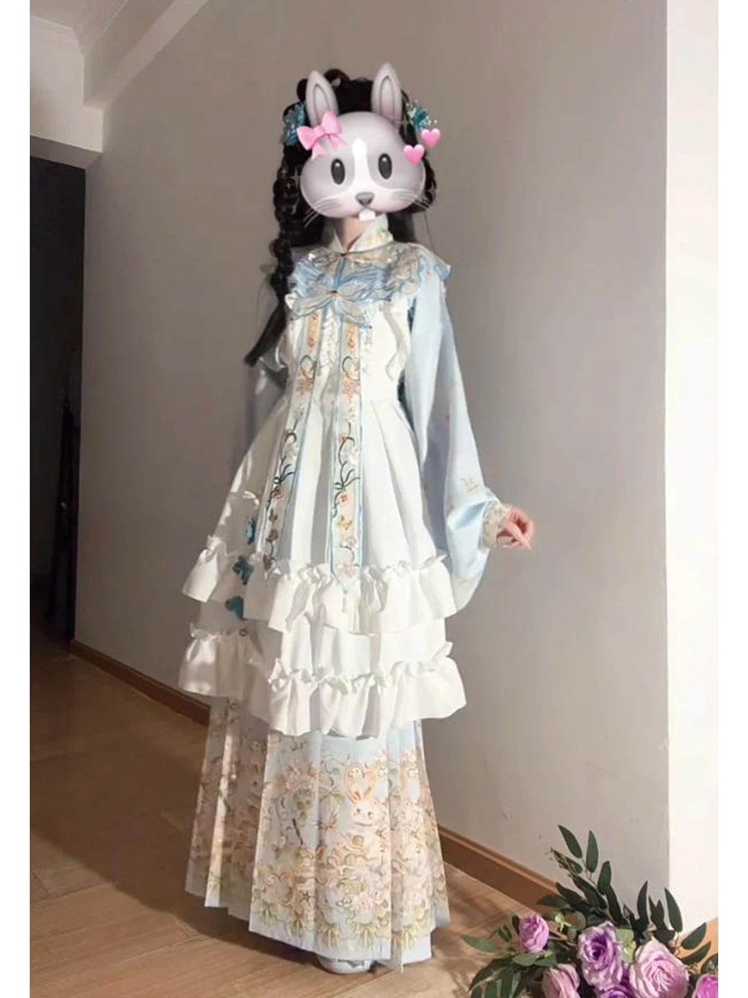 Blue Embroidered Ming Dynasty Hanfu Women's Lolita Skirt Cloud Shoulder  Face Skirt Cute Traditional Chinese Costume