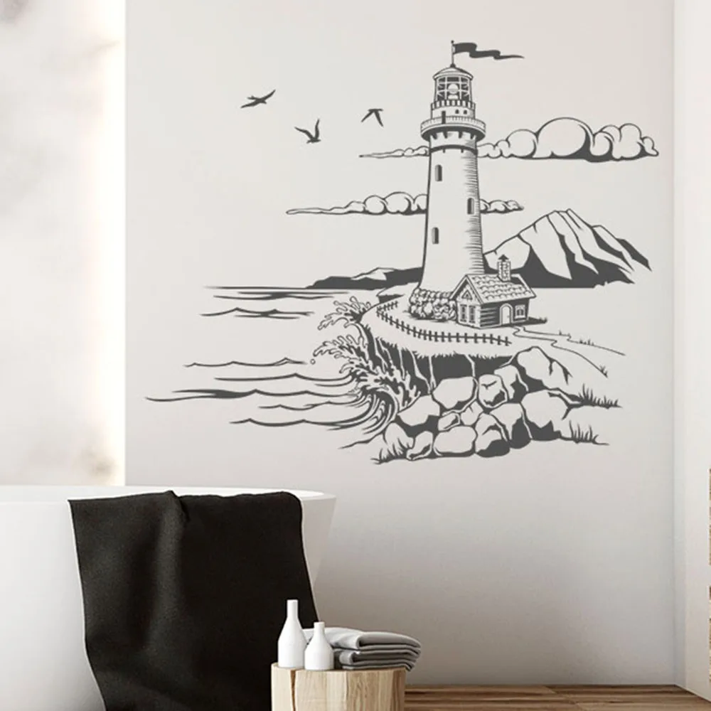 Cartoon Lighthouse By The Sea Bird Travel Wall Sticker Bathroom Bedroom Adventure Explore Wall Decal Living Room  Decor