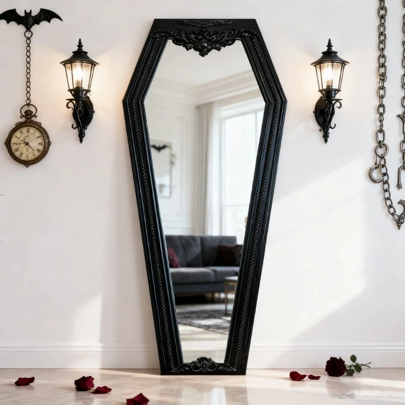 Special-shaped black carved full-body mirror retro light luxury wall-mounted decorative mirror