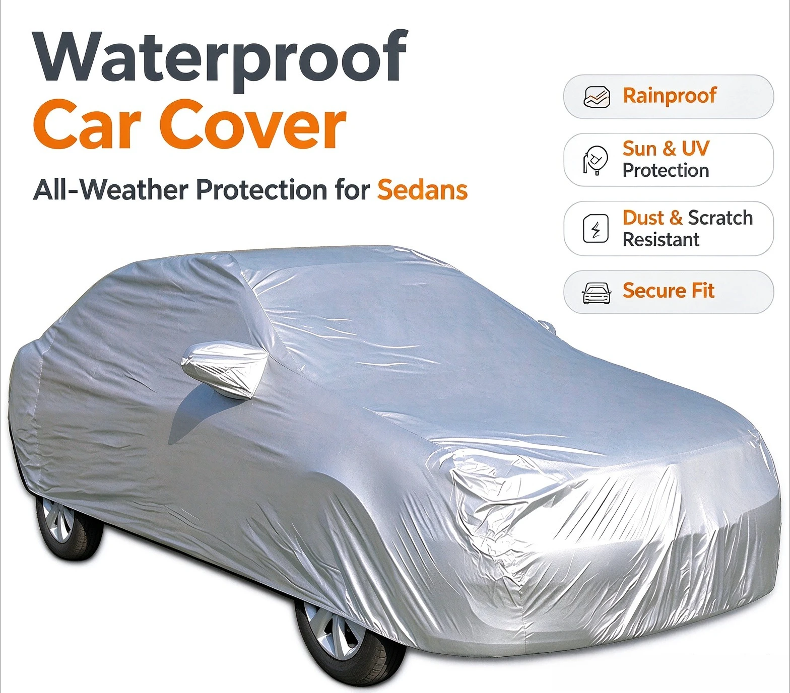 170T Silvery Coated Cloth Car Cover Sunshade,Protect Your Car From Sunlight, UV Rays, Fallen Leaves, Dust, And Scratches By Providing Full Coverage, Keeping Your Car Clean,Sunscreen Heat Insulation,Scratch Resistant