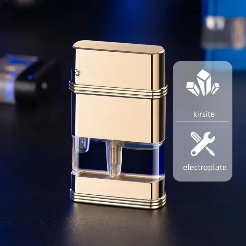 Accendino per finestra visibile in metallo con luce blu, antivento, fiamma rossa, gas butano, accendisigari portatile per uomo che fuma, piccolo strumento