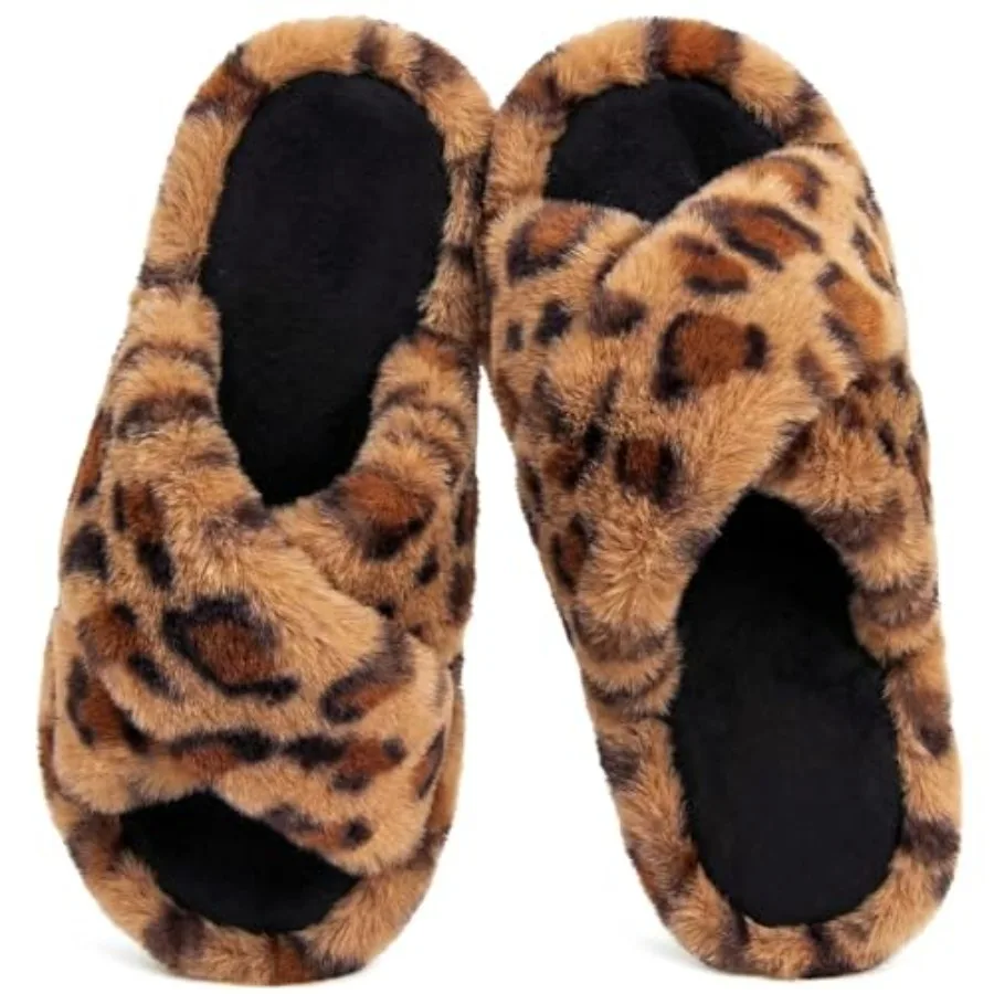 

Snug Leaves Women's Fluffy Cross Band Open Toe Slippers with Indoor Outdoor Non Slip Sole