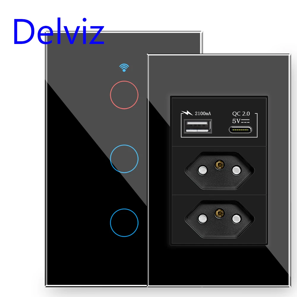 

Delviz Brazil USB Wall Socket, 120mm*72mm Panel, AC 110V~250V, 3gangs 3 Pins hole Power Outlet, BR standard Crystal Glass Switch